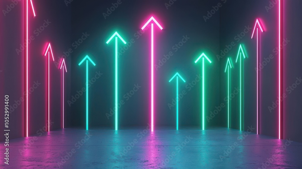 Poster A vibrant display of neon arrows pointing upwards in a dark room, creating a dynamic and modern atmosphere.