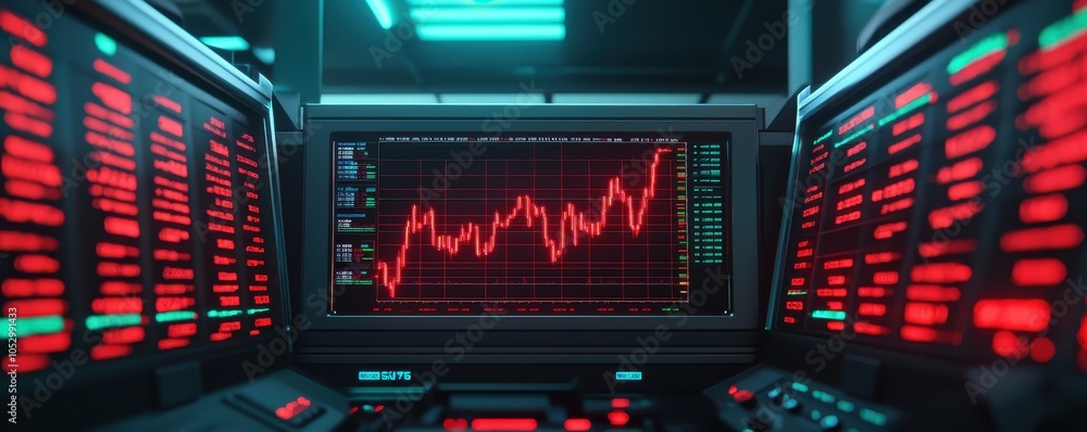 Poster a futuristic trading setup with vibrant red graphs and data displays, suggesting active market analy