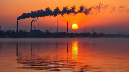 Fototapeta premium Sunrise over Industrial Area with Smoke Stacks and Fog