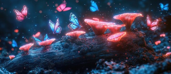 Fototapeta premium Magical glowing mushrooms with blue and pink butterflies flying around in a dark fantasy forest.