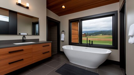 Modern Bathroom with Mountain View: Sleek and contemporary bathroom design with a freestanding bathtub, large windows offering breathtaking mountain views, and a luxurious vanity.