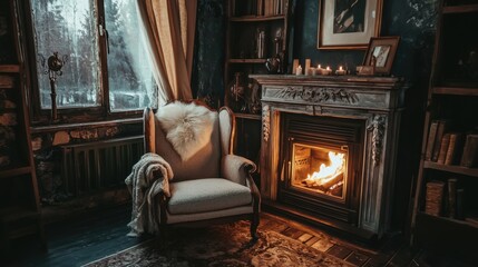 Cozy Winter Retreat: Muted Cyberpunk Neo-Noir Style Armchair by the Fireplace