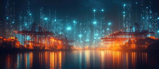 Fototapeta premium Industrial harbor at night with futuristic cityscape in the background.