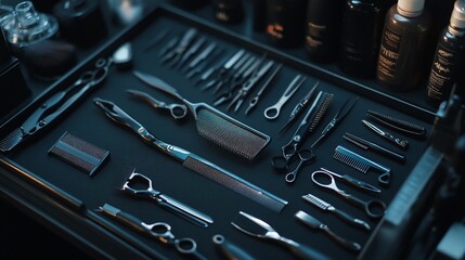 A black tray with a variety of hairdressing tools, including scissors, combs, razors, and clippers.