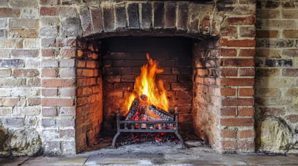 cozy fireplace with warm, flickering flame illuminates rustic brick surround, creating comforting atmosphere perfect for relaxation