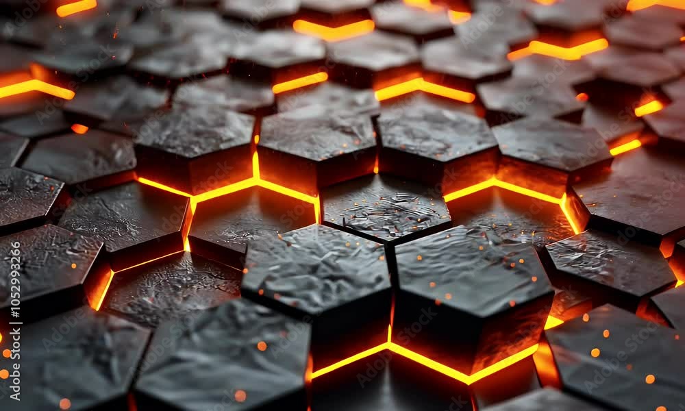 Poster 3d render of hexagon pattern with glowing orange elements