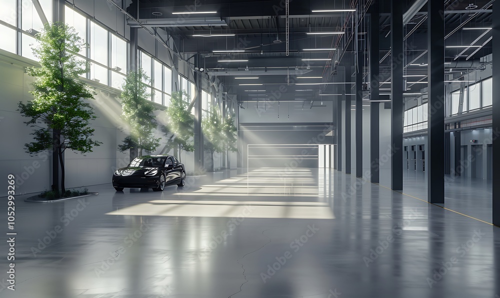 Poster smart automotive factory where fully automated systems assemble electric vehicles with ai-driven pre