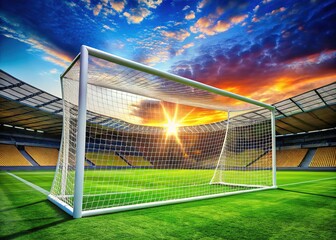 Fototapeta premium Nestled in a stadium, a football goal overlooks lush green grass, with a bright white background that enhances sports imagery and captures the game's essence.