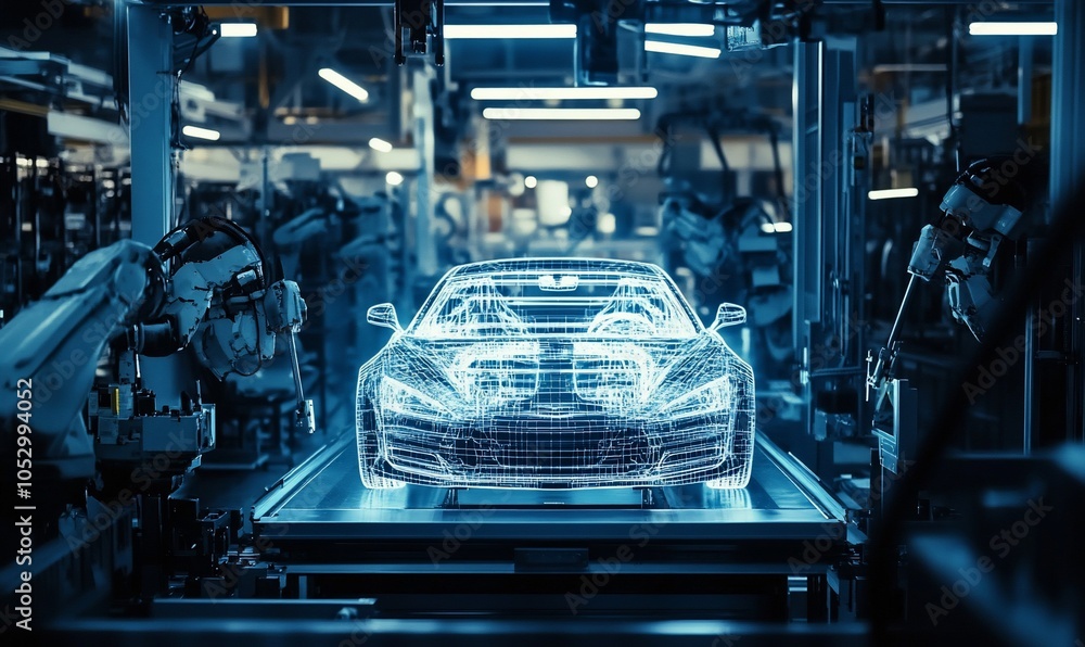 Leinwandbilder a car in a wireframe design is being assembled on a production line in a factory with robotic arms.