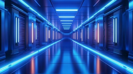 Fototapeta premium Sci-fi corridor made of metallic panels, glowing neon strips running along the floor and walls, reflective floor amplifying the lights, deep blue lighting, futuristic design