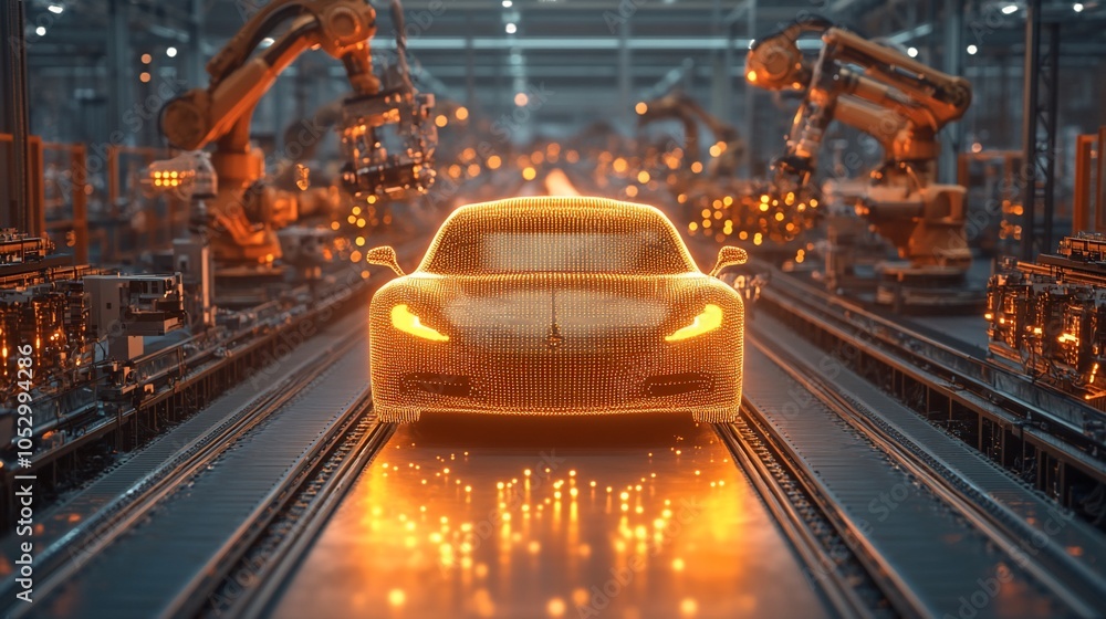 Aufkleber A car is being assembled on a factory production line with robotic arms working in the background.