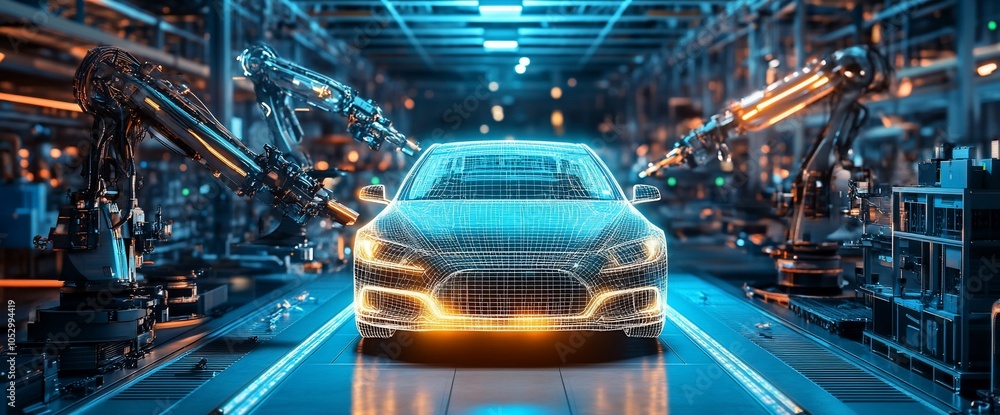 Aufkleber a car is being assembled on a factory assembly line with industrial robots.