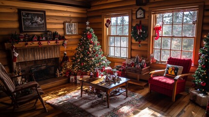 A wooden country living room with light coming in from a window on the right side of the house decorated for Christmas.