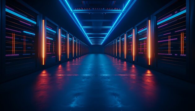 High-Tech Industrial Data Center Where AI Systems Optimize Resource Usage Across Factories With Glowing Data Streams