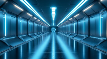 Obraz premium Shiny metallic passageway, reflective floor mirroring overhead lights, illuminated by soft blue and white neon, sci-fi atmosphere, 3D rendering, ultra-detailed textures