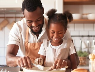 Smiling Father and Daughter Baking Together in the Kitchen