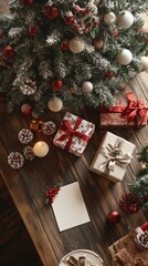 Obraz premium Christmas wooden table with presents and a Christmas tree with a card in the middle of the table.