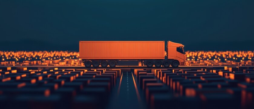 Orange Semi Truck Delivering Goods Across a Cityscape at Night,  Symbolizing Efficient Logistics and Urban Transportation