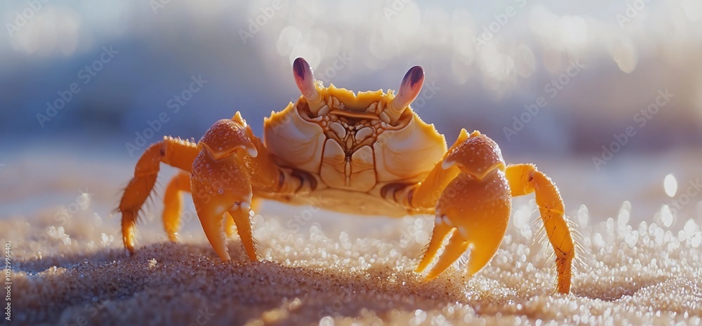 Poster a close-up of a crab walking on the sand on a beach, its claws extended out in front of it. the crab