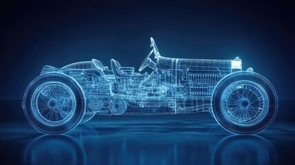 A wireframe rendering of a classic vintage car, showcasing its intricate mechanical details.