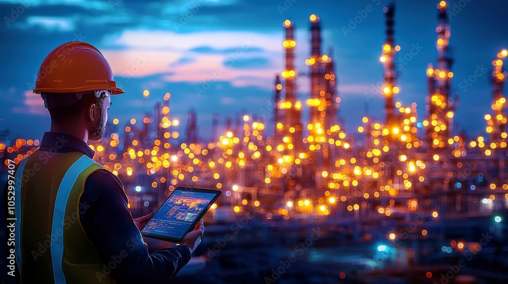 Poster engineer using digital tablet for monitoring at dusk