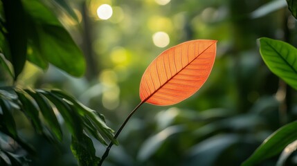 A striking red leaf against a backdrop of green foliage, highlighting the shift in seasons within a dense forest. forest transition, red leaf focus