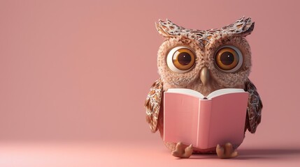 A cartoon owl with big eyes is reading a pink book on a pink background.