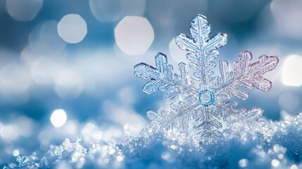 A stunning close-up of a snowflake sparkling as it falls, each frozen arm uniquely intricate, with a soft blur of snowy background creating contrast