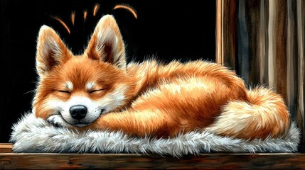 Obraz premium Adorable Sleeping Corgi on Fluffy Rug in Cozy Room with Soft Lighting and Relaxing Atmosphere - Perfect Pet Portrait Showcasing Tranquility and Comfort