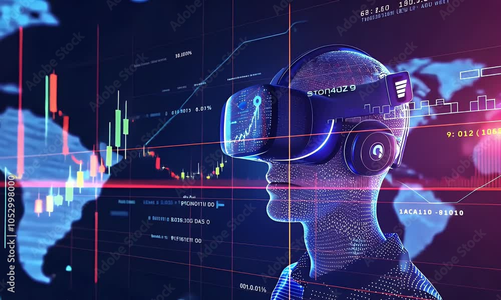 Poster a virtual reality interface showing stock market charts and global economic data, with an ai charact
