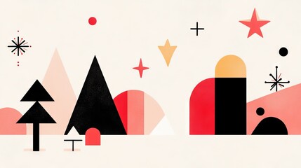 Obraz premium 2410_039.minimalist christmas collage, stylized winter iconography, abstract pine trees and stars, color block design, mid-century inspired holiday graphics, clean geometric shapes, sophisticated