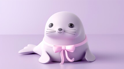 Obraz premium A cartoon seal with a pink bow on a purple background.