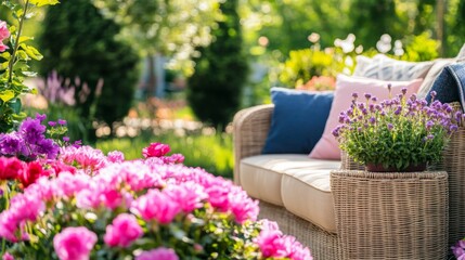 Cozy Outdoor Seating Surrounded by Beautiful Flowers