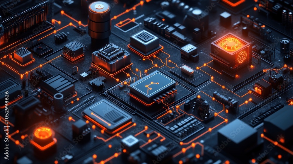 Poster close-up of a circuit board with glowing components and connections.