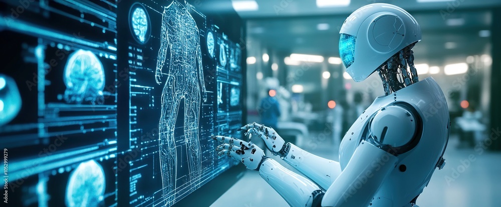 Poster a humanoid robot interacts with a digital screen displaying a 3d scan of a human body, in a futurist
