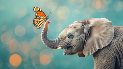 A baby elephant with its trunk raised, a butterfly is landing on the tip of its trunk.