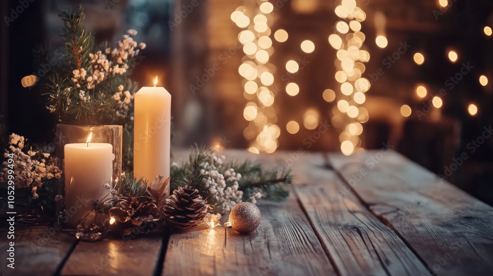 Poster cozy rustic setup with soft lights and joyful mood
