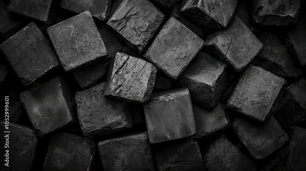 Poster a close-up of black cubes arranged in a pattern, showcasing their texture and surface details.