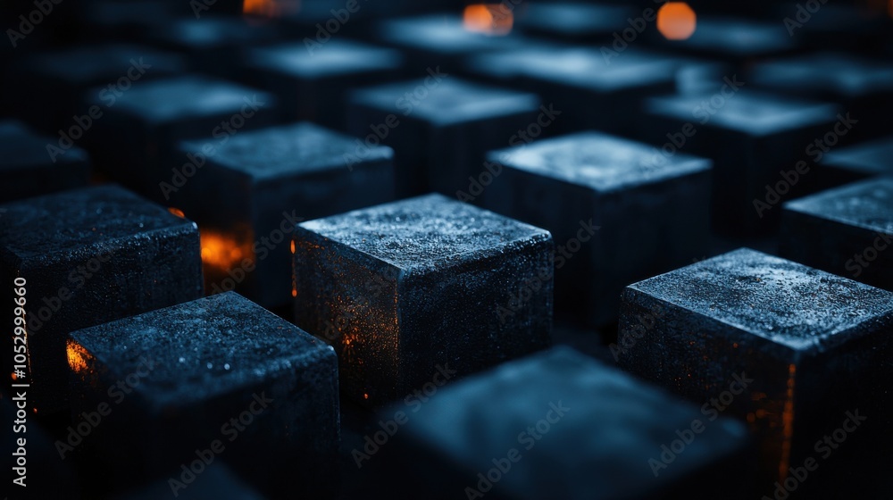 Poster the image features a close-up of dark, textured cubes arranged in a grid, with subtle glowing elemen