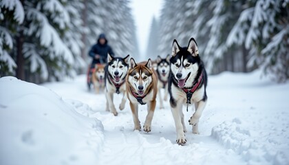 Dogs running through snowy wilderness: A team of huskies in harnesses energetically running through a snow-covered forest, thrill of a dog sledding tour