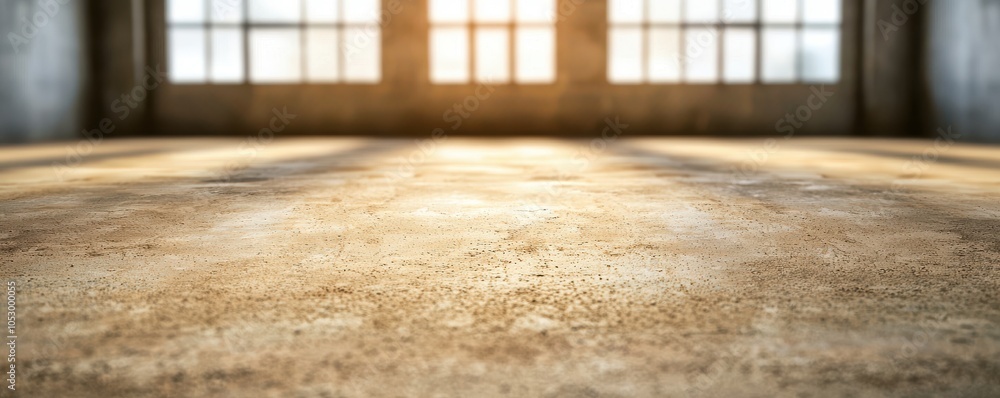 Poster sunlight streams through large windows, illuminating a textured concrete floor in an industrial-styl