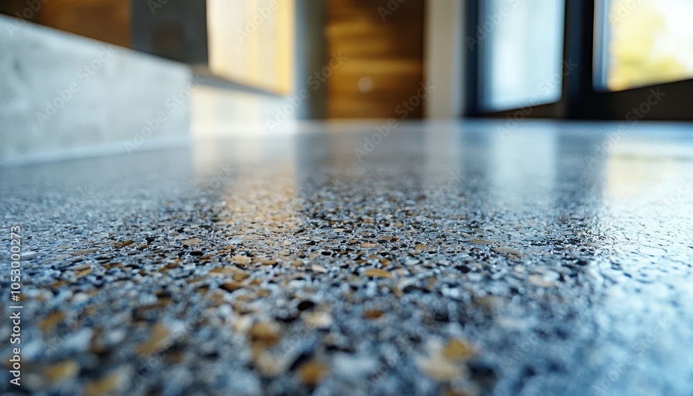 Poster a close-up view of a polished concrete floor, featuring a textured surface with various aggregates, 