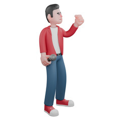  Cartoon Character of Singing Artist. A male singer is standing facing left with his left hand raised and clenched. Vocal Artist Design