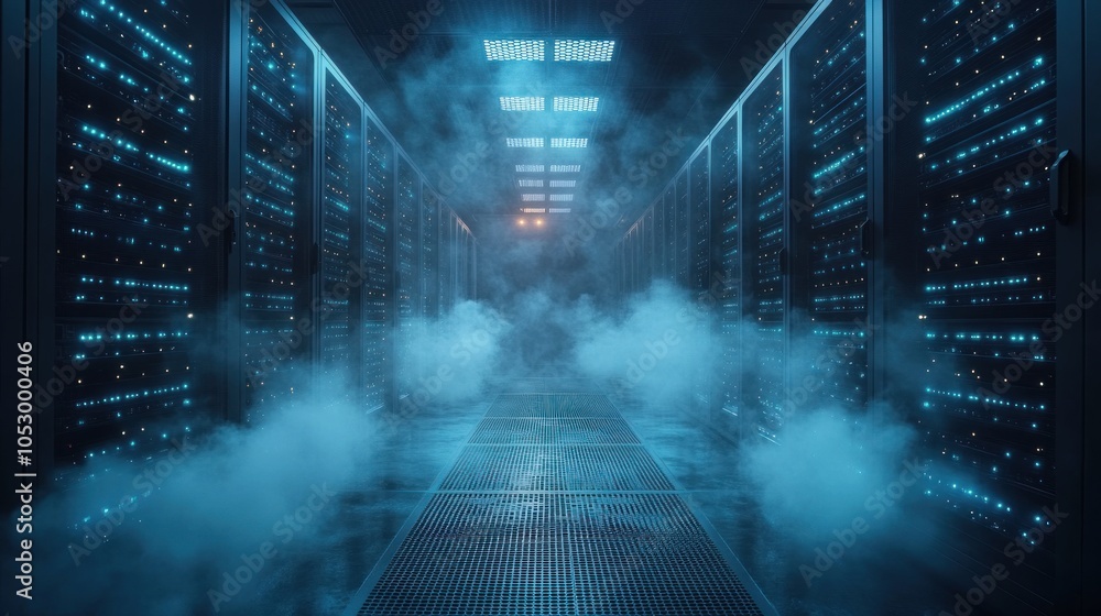 Poster futuristic server room with glowing data racks and mist.