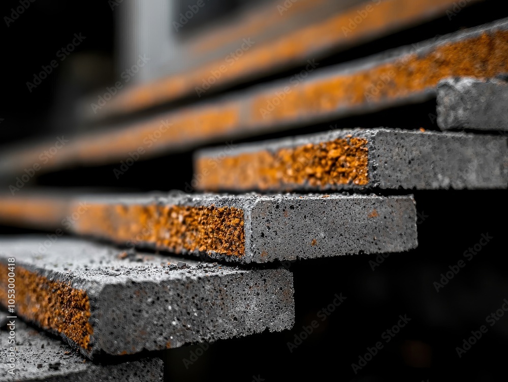 Poster close-up view of layered, textured materials showcasing contrasting colors and surfaces, highlightin