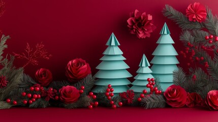 2410_027.luxurious paper art holiday display, deep crimson backdrop, turquoise folded tree sculptures, intricate layered design, ruby red floral elements, evergreen bough details, metallic berry