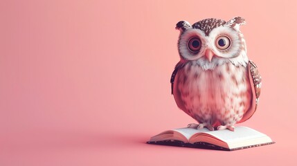 Obraz premium A cartoon owl with big eyes is standing on a book.