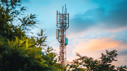 Telecommunication Tower Against Cloudy Sunset Sky