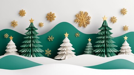 Obraz premium 2410_021.stylized 3d paper christmas trees, emerald green monochrome palette, golden snowflake accents, minimalist holiday scene, layered paper art style, subtle gradient background, delicate gold