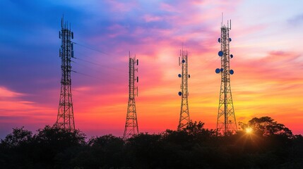 Naklejka premium Telecommunication Towers Silhouette at Sunset